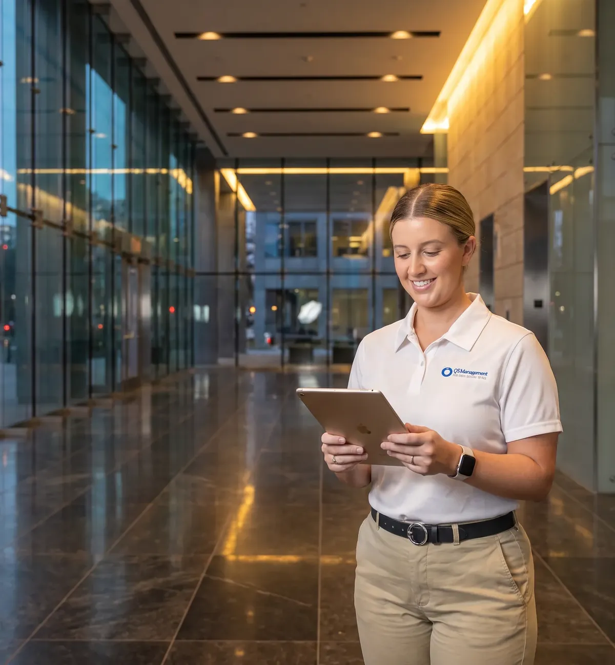 QS Management team member reviewing a facility program on site