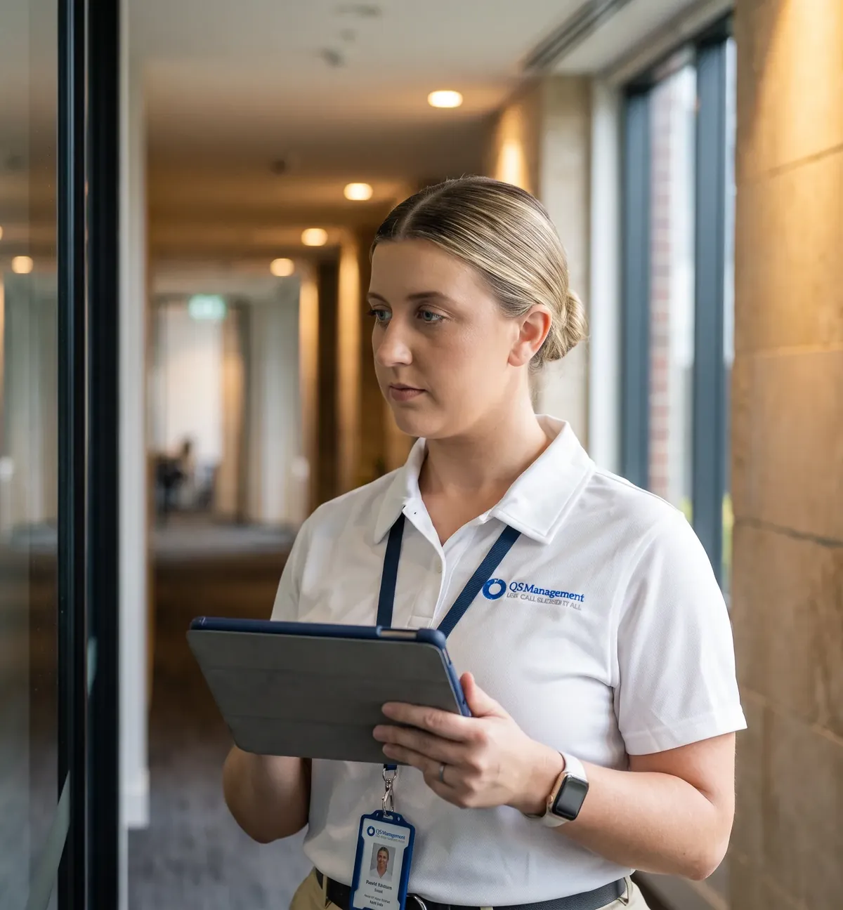 QS Management supervisor conducting a scored inspection with a tablet