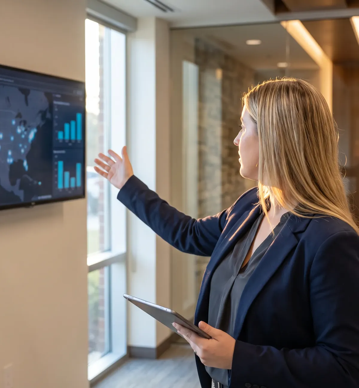 Manager reviewing a multi-site facility performance dashboard